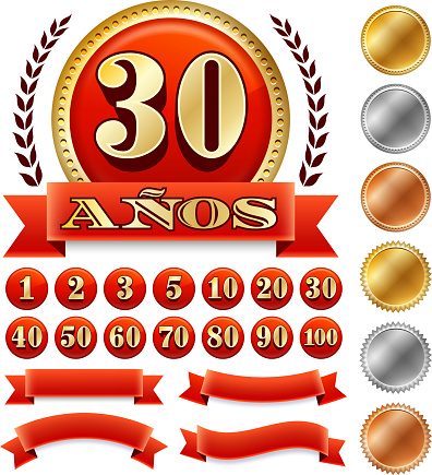 Spanish Language Custom Anniversary Badges Red and Gold Collection Background