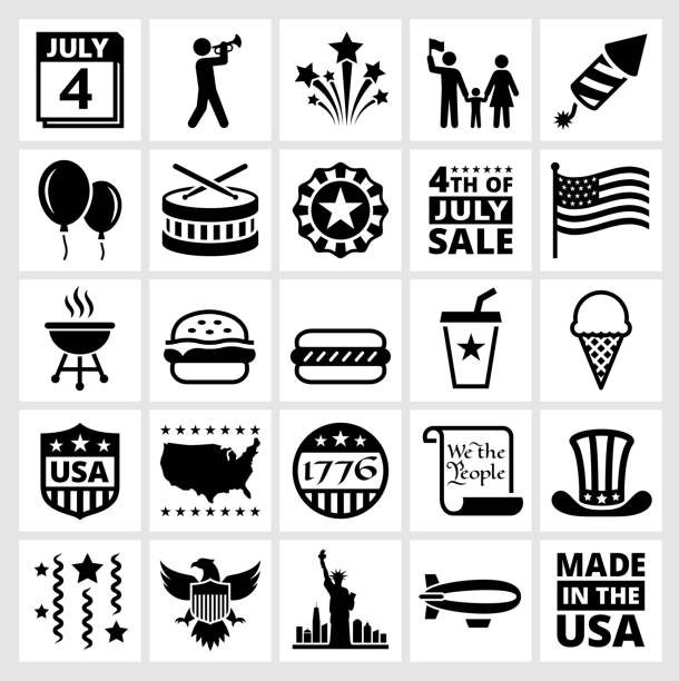 Forth of July Independence day celebration and summer holiday fun Forth of July Black and White Collection. The illustration features black vector icons on white background. App icons are elegant in design and have a modern graphic look and feel. Each icon is silhouetted and can be on it’s own or as part of an icon set. us constitution stock illustrations