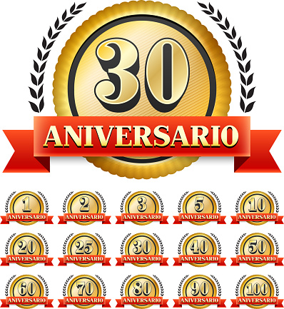 Spanish Language Custom Anniversary Badges Red and Gold Collection Background