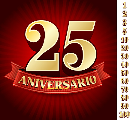 Spanish Language Custom Anniversary Badges Red and Gold Collection Background