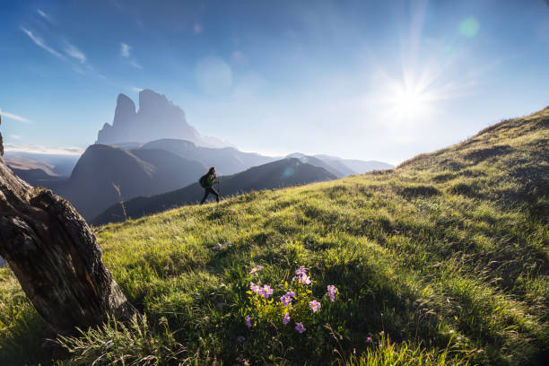 la femme fait de la randonnée dans les belles montagnes. - water surface european alps mountain valley photos et images de collection