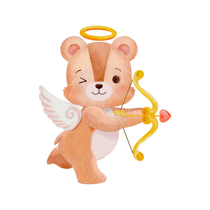 Watercolor Cupid Teddy Bear Holding Bow and Arrow Hand Drawn Style Vector