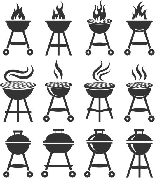 ilustrações, clipart, desenhos animados e ícones de verão churrasco preto e branco royalty free vector conjunto de ícones - computer icon flame symbol black and white