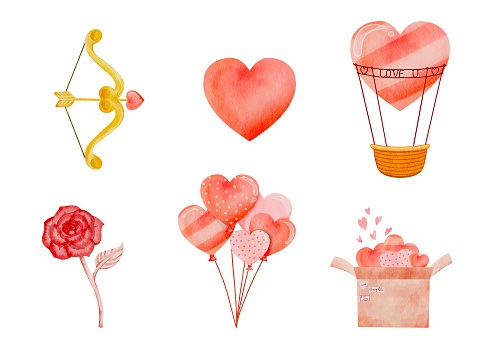Watercolor Valentines day elements in white background vector