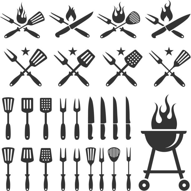 bildbanksillustrationer, clip art samt tecknat material och ikoner med summer barbecue grill knife and spatula vector icon set - kökstillbehör