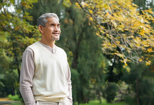 portrait asian elderly man relaxing in nature, attractive senior adult spend leisure time in the park
