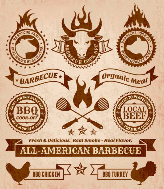 illustrazioni stock, clip art, cartoni animati e icone di tendenza di barbecue estivi set di icone vettoriali royalty-free - fire heat ornate dirty