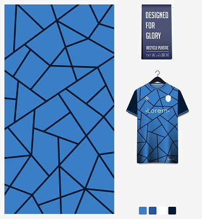 Soccer jersey pattern design. Voronoi pattern on blue background for soccer kit, football kit, cycling, e-sport, basketball, t shirt mockup template. Fabric pattern. Abstract background. Vector Illustration.