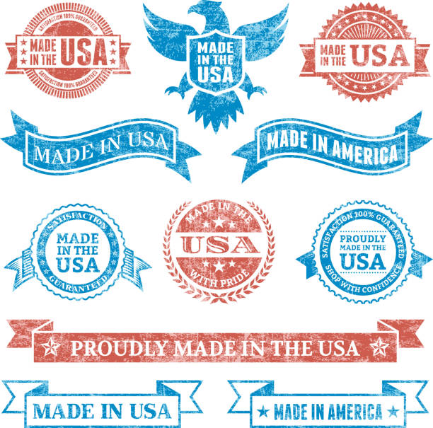 Made in the USA Grunge patriotic buttons set Made in the USA Grunge patriotic buttons set usa made in the usa industry striped stock illustrations