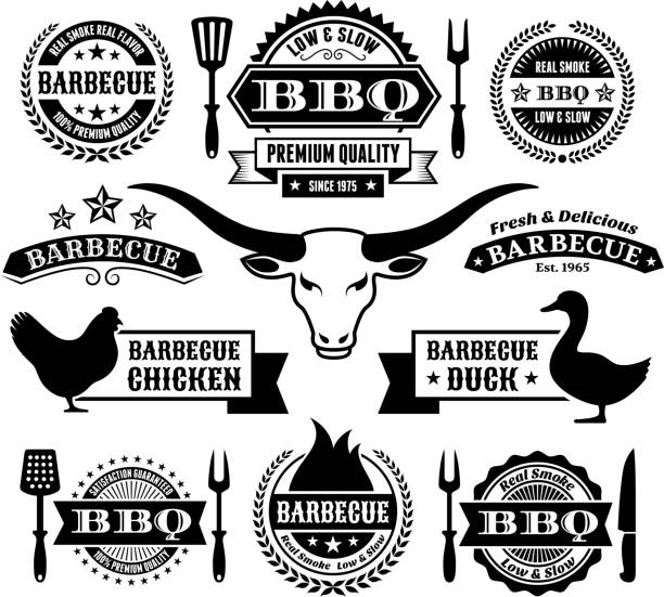 illustrations, cliparts, dessins animés et icônes de barbecue d'été noir et blanc ensemble d'icônes vectorielles libres de droits - texas longhorn cattle