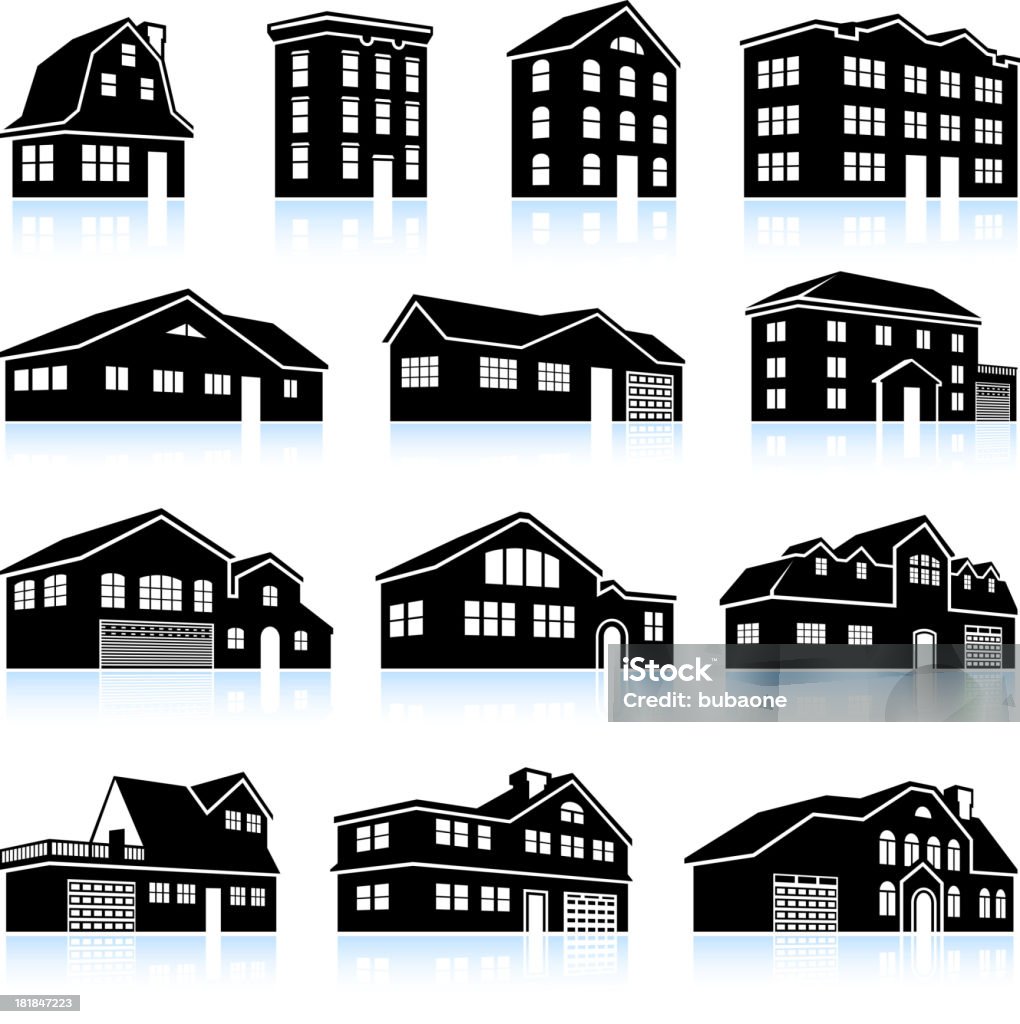 3 D casa e complexo de apartamentos & branco Conjunto de ícones pretos - Vetor de Casa em fileira royalty-free