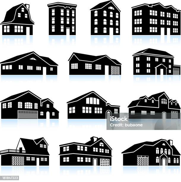 Vetores de 3 D Casa E Complexo De Apartamentos Branco Conjunto De Ícones Pretos e mais imagens de Casa em fileira