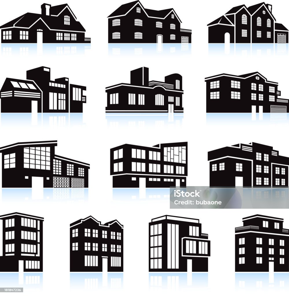 3 D casa e Apartamento complexo & branco preto ícone conjunto - Royalty-free Casa com Terraço arte vetorial