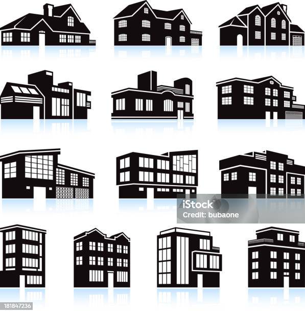 3 D Casa E Apartamento Complexo Branco Preto Ícone Conjunto - Arte vetorial de stock e mais imagens de Casa com Terraço