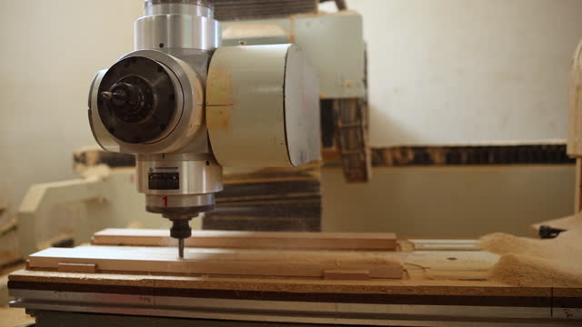 CNC machine processes wooden board