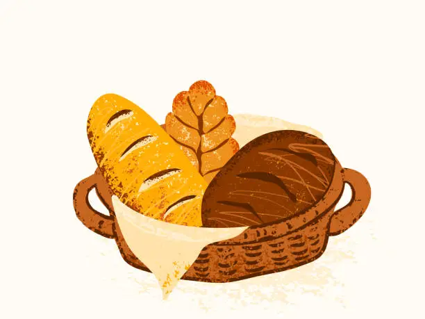 Vector illustration of Wicker basket full with rye and wheat bread vector illustration. Bakery loaf in modern textured style, isolated on white background