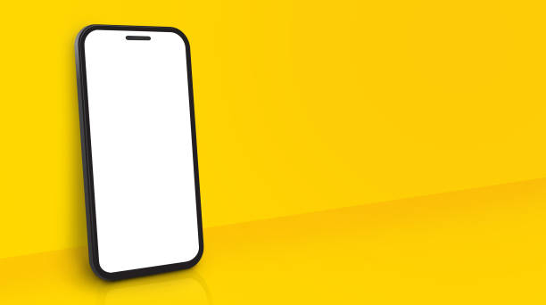 istock Mobile phone mockup with perspective view on yellow background. Blank smartphone screen includes clipping path for easy editing. 1818485926
