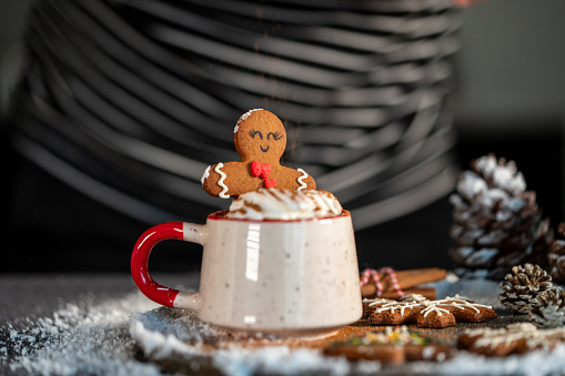 gingerbread is in sweet drink with cream in cup horizontal christmas still