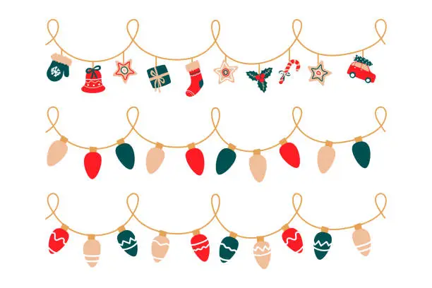 Vector illustration of Christmas lights set. Garlands with colored bulbs. Xmas festive string decoration with hanging toys - mistletoe, bell, car, glove, sock, gift box. Vector illustration on white background.