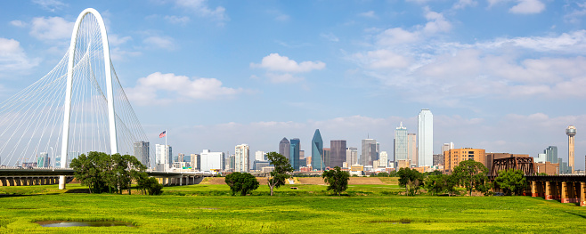 Dallas skyline at Trinity River and Margaret Hunt Hill Bridge panorama traveling in Texas, United States