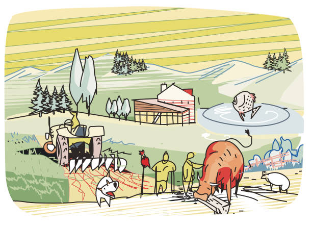 cute graphic farm Vector Cute Graphic Farm Animals Field Pasture Village Agriculture Sector plateau drawing stock illustrations