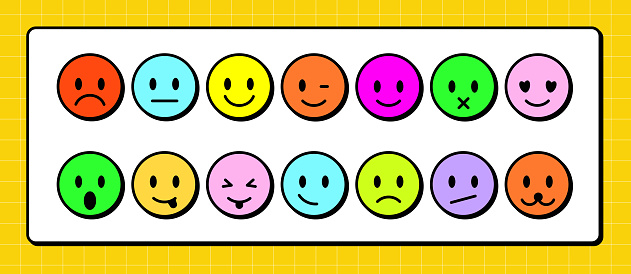Neubrutalism emoticon smile icon set. Cartoon neobrutalism emoji - sad, smile, love, scary, etc. Bold aesthetic pack in trendy bright style - contrast stroke and shadow. Isolated vector illustration
