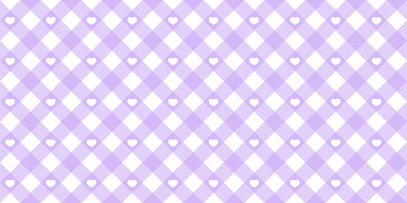 Gingham heart diagonal seamless pattern in purple pastel color. Vichy plaid design for Easter holiday textile decorative. Vector checkered pattern for fabric - picnic blanket, tablecloth, dress, napkin