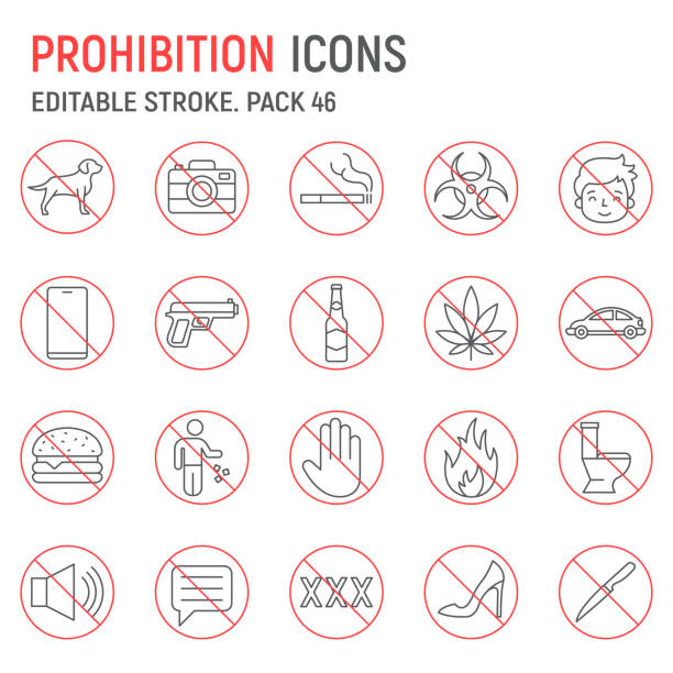 Prohibition line icon set Prohibition line icon set, warning collection, vector graphics, logo illustrations, prohibited vector icons, prohibition signs, outline pictograms, editable stroke dog marijuana stock illustrations