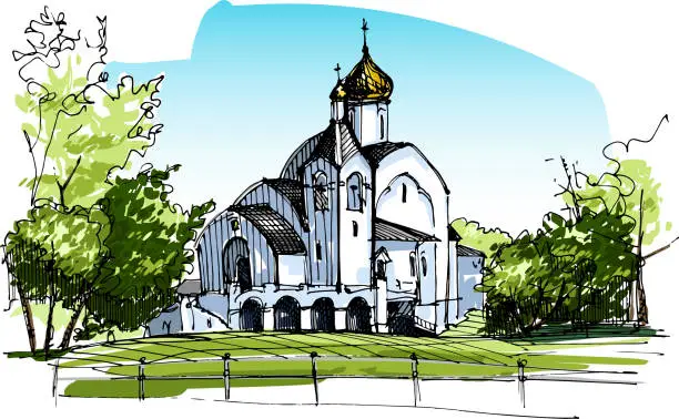 Vector illustration of Orthodox church standing in the middle of the park - hand-drawn sketch