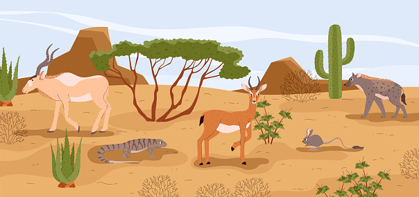 Desert landscape with different smiling animals flat style, vector illustration. Nature, local animals and plants. Antelope, jerboa, hyena and monitor lizard. Camel thorn, cactus and tree