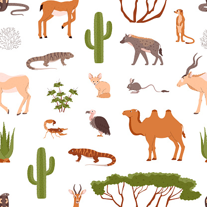 Desert animals and plants seamless pattern. Flora and fauna of sands ornament. Vector illustration design for textile, fabric, background, wrapping paper.
