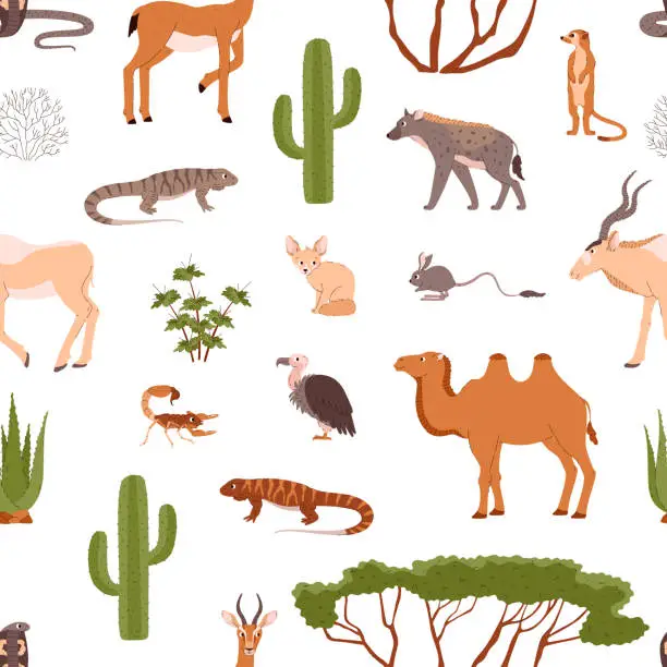 Vector illustration of Desert animals and plants seamless pattern.