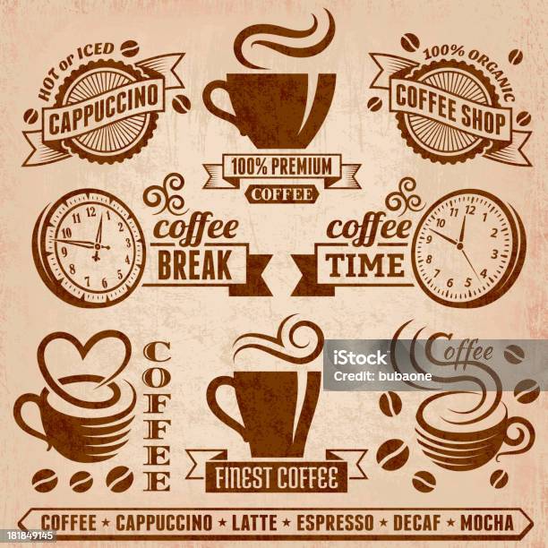 コーヒーとカフェグランジベクトルアートコレクションのロイヤリティフリー - 時計のベクターアート素材や画像を多数ご用意 - 時計, レトロ調, 古風