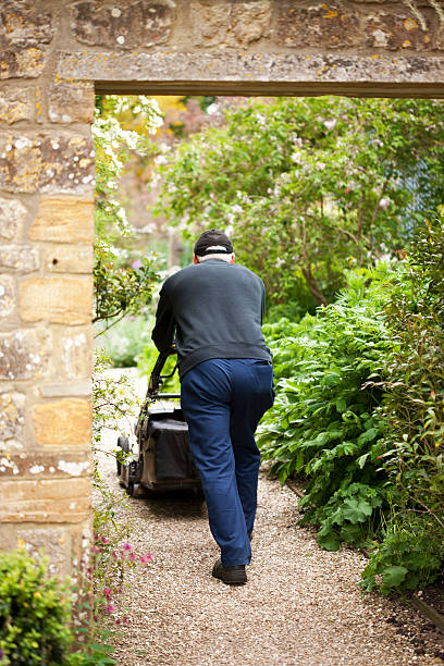 giardiniere con lawnmower - mansion uk gravel summer foto e immagini stock