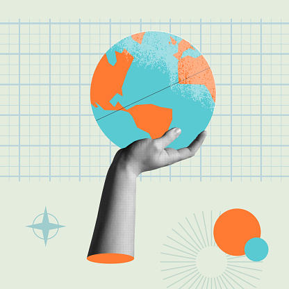 The world in our hands concept card vector illustration. Human hand holding a cartoon earth globe in trendy halftone retro collage mixed media 90s style. Concept for solidarity, world health, environment, education, business and tourism.