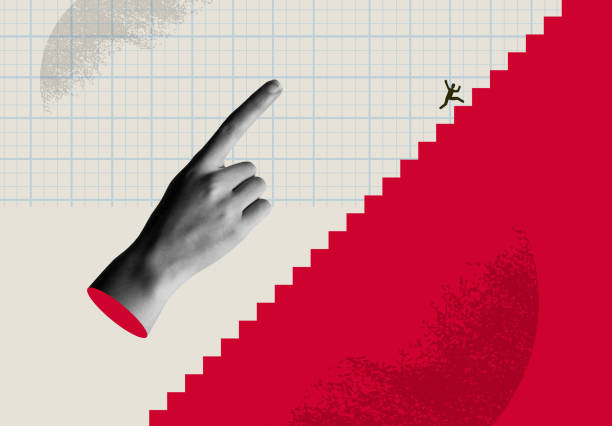 Growth business idea card vector illustration. Human hand indicating the climb to the ladder in modern retro 90s style mixed media halftone collage. Concept of success, high performance and career advancement.