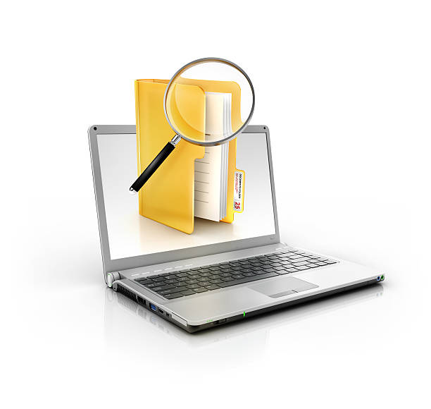 metallic stylish laptop with magnifier glass search in files folder