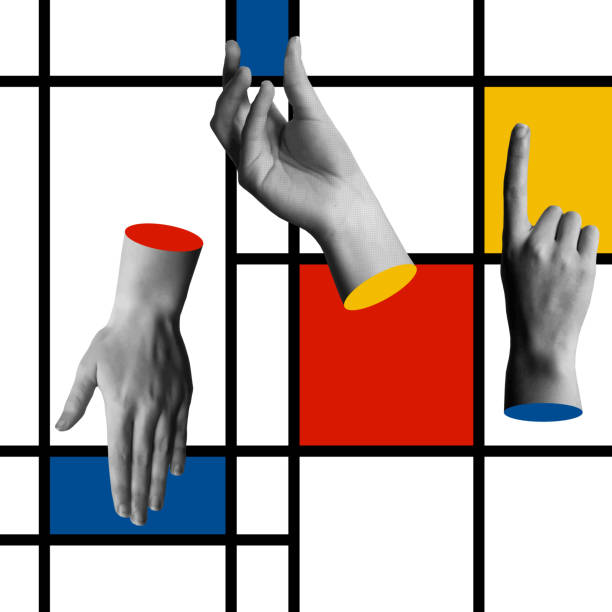 istock Mondrian inspired and human hand in retro collage style vector illustration 1818502529