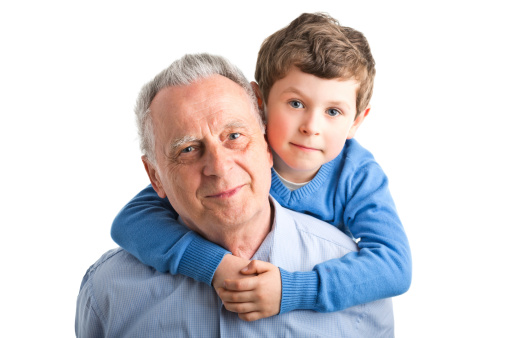 happy boy with grandfather isolated on white