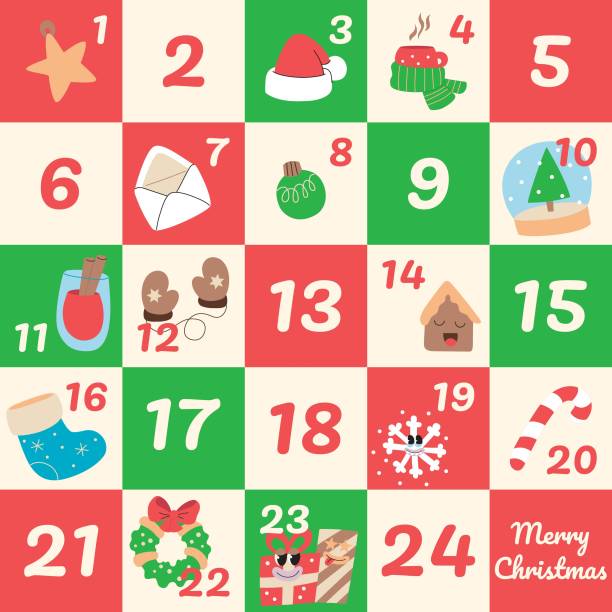 istock Christmas advent calendar with hand drawn mascot retro elements in cartoon groovy style. 1818509669