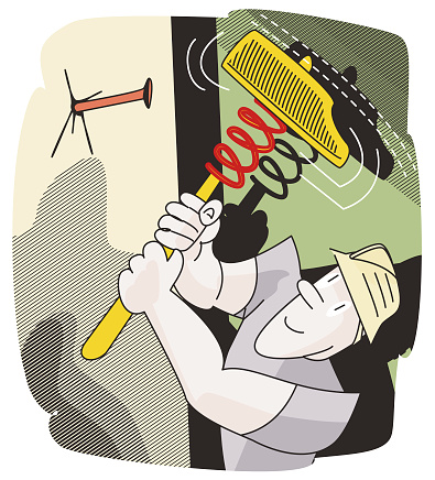 Vector Worker Hammering Nails into a Wall with a Spring Hammer