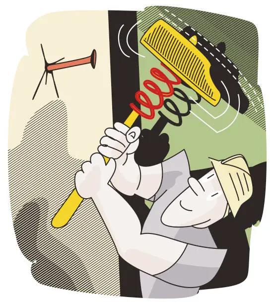Vector illustration of worker hammering nails into a wall with a spring hammer
