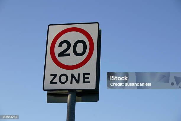 Twenty Mph Zone Street Sign Stock Photo - Download Image Now - Authority, Blue, Circle