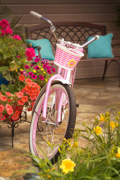 istock Bright Pink Bicycle and Basket With Colorful Flowers 181851710