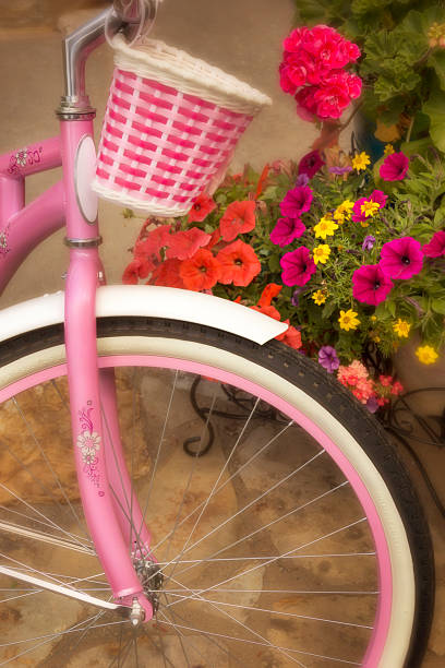 istock Bright Pink Bicycle and Basket With Colorful Flowers 181851821