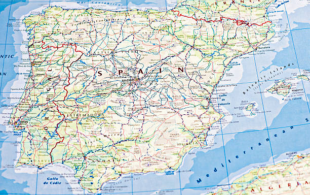 Map of Spain "Photo map of Spain. Shallow depth of field, focus on the Madrid city of the map and the area nears it." alcala de henares stock pictures, royalty-free photos & images