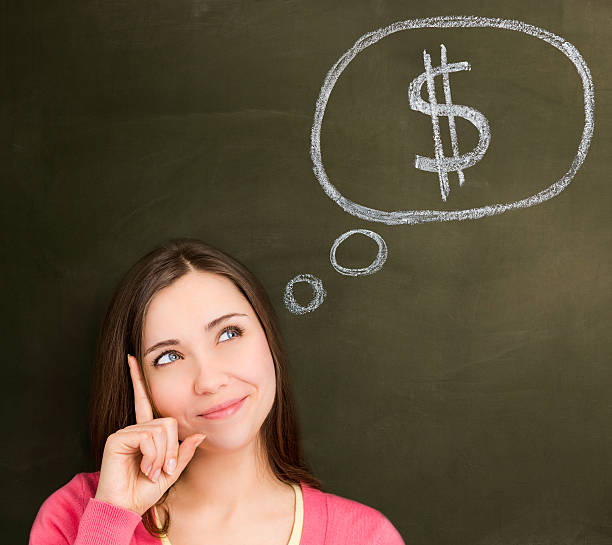 Young woman thinking  about money / credit / business / dollar, drawed on blackboard.