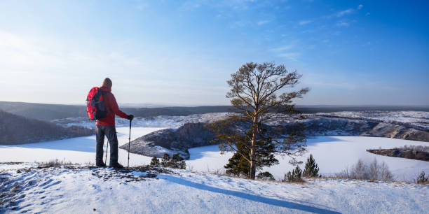 istock man with backpack in winter. hiking lifestyle adventure concept. panoramic banner. 1818527145