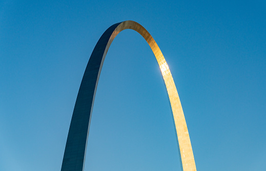 The St. Louis city skyline with Gateway Arch photographed at sunset.