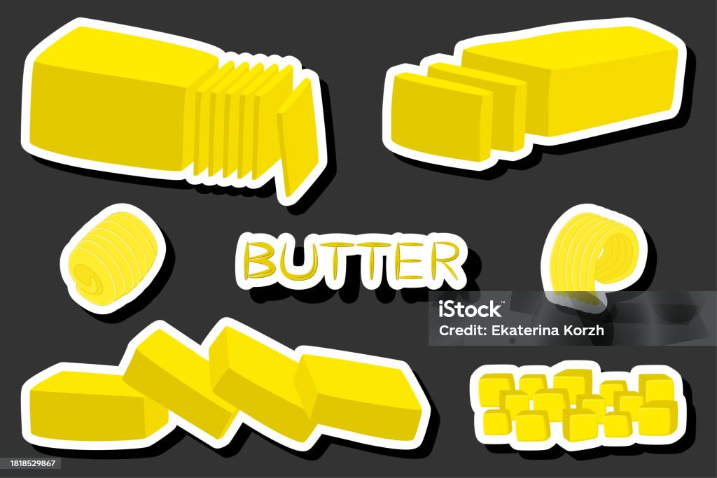 Butter Shape Names Illustration On Theme Big Colored Set Different Types Creamy Butter ...